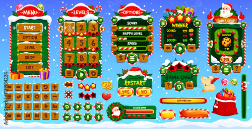 Christmas and New Year game interface of UI game buttons and assets, vector GUI elements. Christmas game menu buttons and interface with Santa, loading bars or controls and gamer UI panel settings