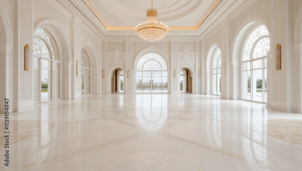 Obraz premium Elegant interior with arches and chandelier in bright space.