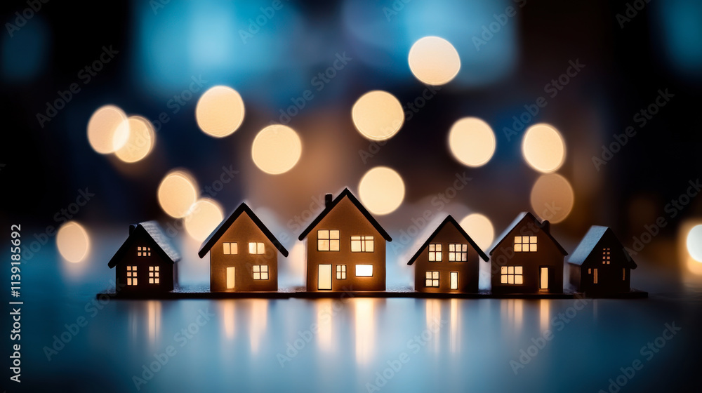 Model houses forming a community, city, bokeh lights in the background Model houses forming a community, city, bokeh lights in the background