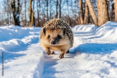 A Cute Hedgehog Walking in a Snowy Forest During Winter, Capturing the Beauty of Nature and Wild Animals in a Serene Scene with Bright Sunlight photo