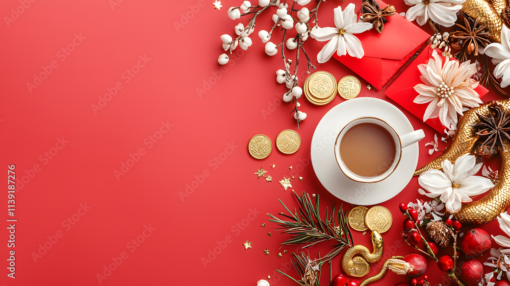 Cozy coffee setup with festive decor home still life warm atmosphere top view holiday celebration Cozy coffee setup with festive decor home still life warm atmosphere top view holiday celebration