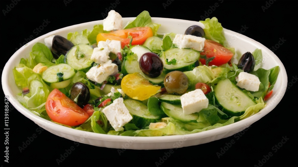 Colorful and Fresh Mediterranean Salad in Oval Plate with Lettuce, Tomatoes, Cucumbers, Olives, and Feta Cheese Arrangement Colorful and Fresh Mediterranean Salad in Oval Plate with Lettuce, Tomatoes, Cucumbers, Olives, and Feta Cheese Arrangement