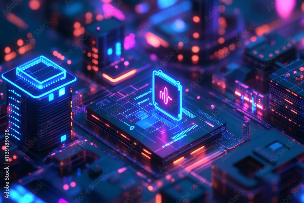 Futuristic Neon Circuit Board with a Vibrant Soundwave Icon Illuminated in a High-Tech Digital Cityscape Background Futuristic Neon Circuit Board with a Vibrant Soundwave Icon Illuminated in a High-Tech Digital Cityscape Background