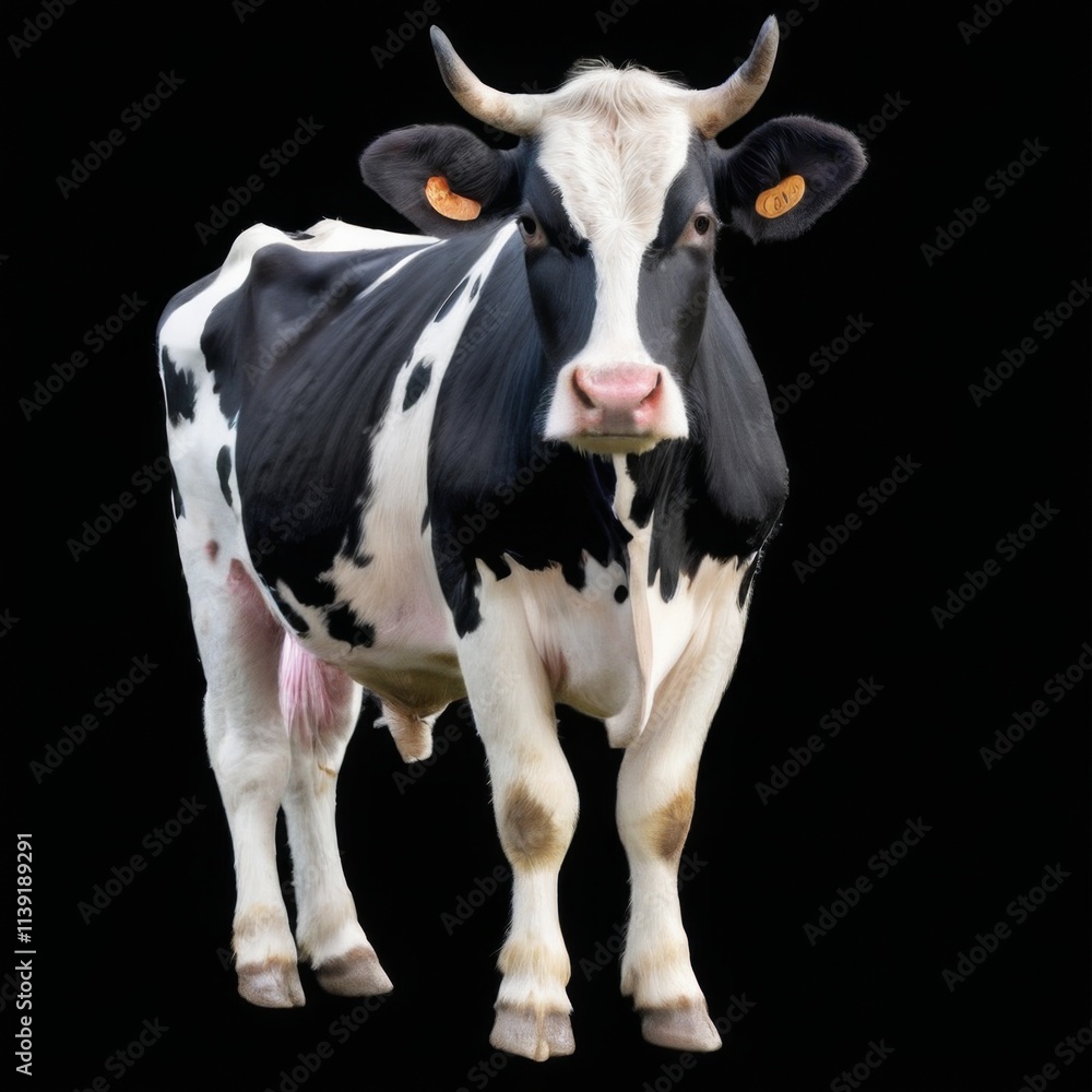 Black and white cow with large horns and pink nose, standing on black background, facing camera and looking to the right. Black and white cow with large horns and pink nose, standing on black background, facing camera and looking to the right.