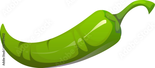 Cartoon green chili pepper. Isolated vector whole guindilla jalapeno Mexican spicy food, culinary ingredient. Raw, sleek and elongated pod with curve tip, radiates heat with its smooth glossy surface