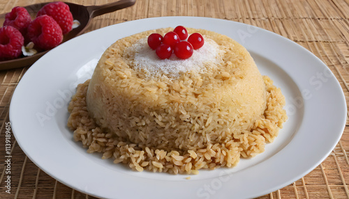 Delicious Arroz Doce dessert made with rice, coconut, and topped with cherries served on a white plate 