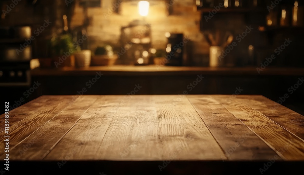 Rustic wooden table in a dimly lit kitchen. Rustic wooden table in a dimly lit kitchen.