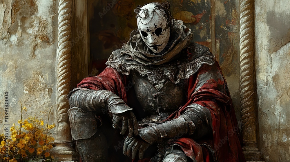 Obraz premium Mysterious Medieval Knight in Red Cloak and Mask