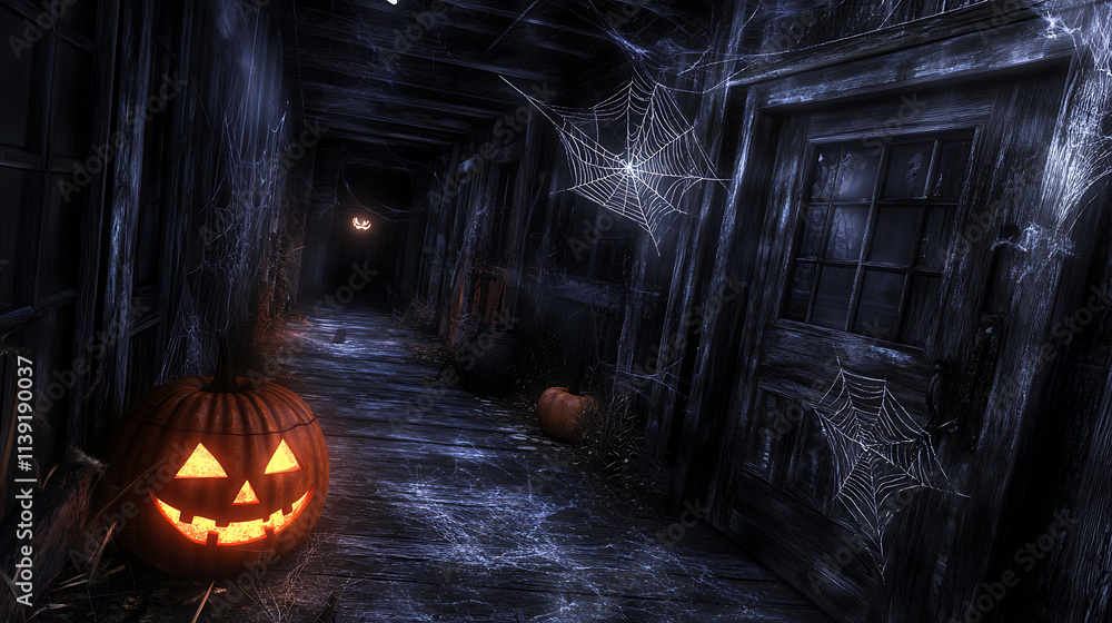 Obraz premium dark alley decorated for Halloween with glowing pumpkins and cobwebs