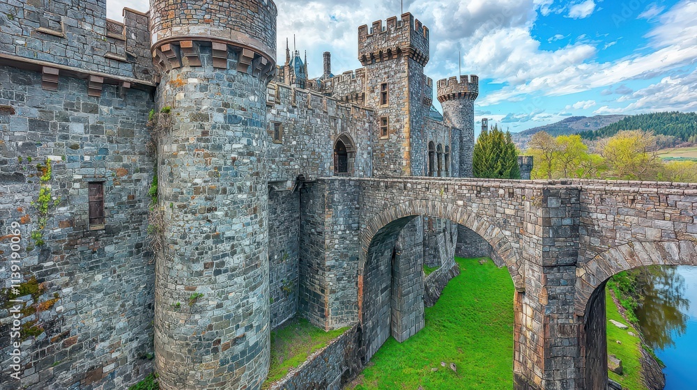 Fototapeta premium A classic European castle with towering stone walls, grand turrets, and a majestic drawbridge spanning a tranquil river. The historic architectural marvel evokes tales of kings, knights, and 