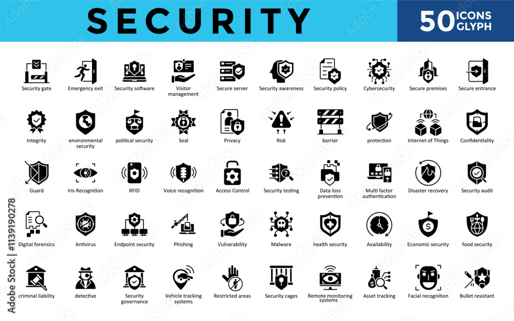 Security icons set with security gate, emergency exit, security software, visitor management, secure server, security awareness, security policy, cybersecurity icon. Simple glyph vector 
