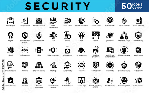Security icons set with security gate, emergency exit, security software, visitor management, secure server, security awareness, security policy, cybersecurity icon. Simple glyph vector 

