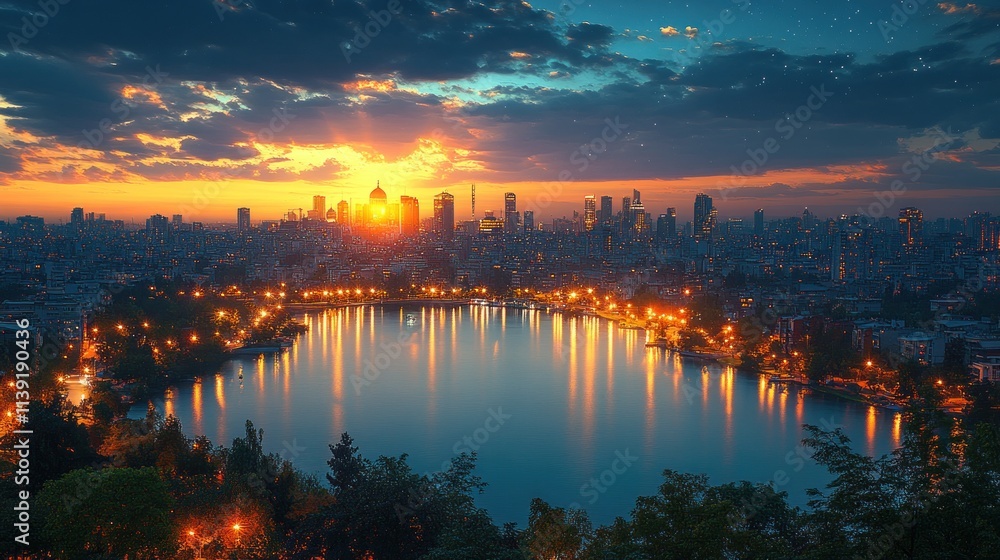 A stunning sunset over a city skyline reflecting in a lake. A stunning sunset over a city skyline reflecting in a lake.