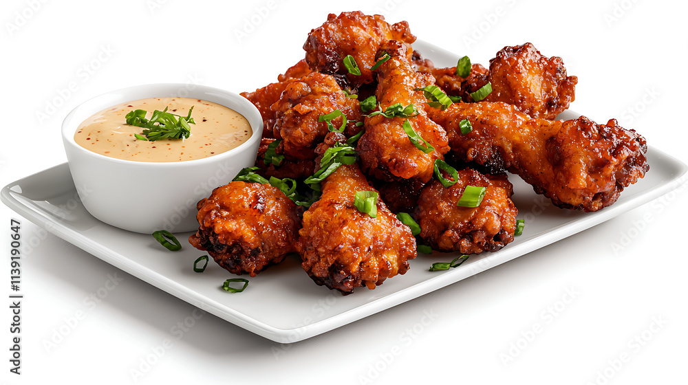 A plate of chicken wings with a dipping sauce A plate of chicken wings with a dipping sauce