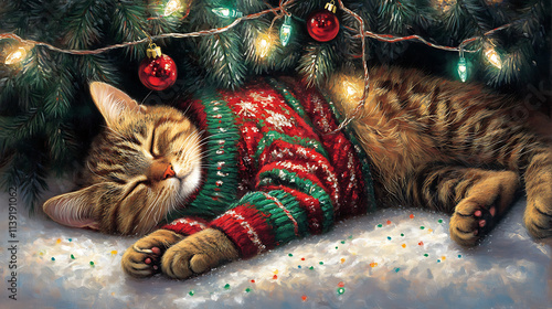 festive cat sleeping under Christmas tree, wearing cozy sweater
