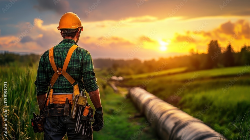 Construction Worker Observing Sunset Over Pipeline in Rural Landscape, Engineered for Infrastructure Development, Safety Gear and Tools Highlighted Construction Worker Observing Sunset Over Pipeline in Rural Landscape, Engineered for Infrastructure Development, Safety Gear and Tools Highlighted