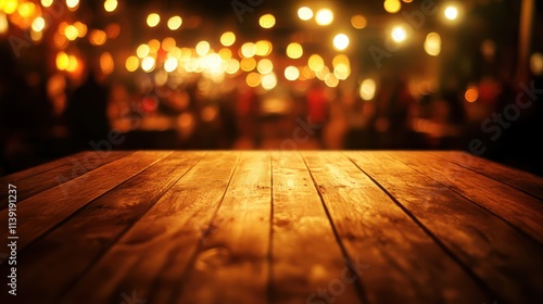 wooden table with light from hanging light and crowd in the market background photo