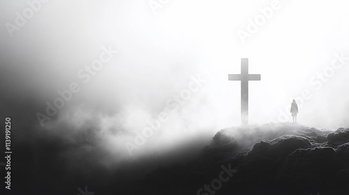 Silhouette of person standing before a cross on a foggy mountaintop.