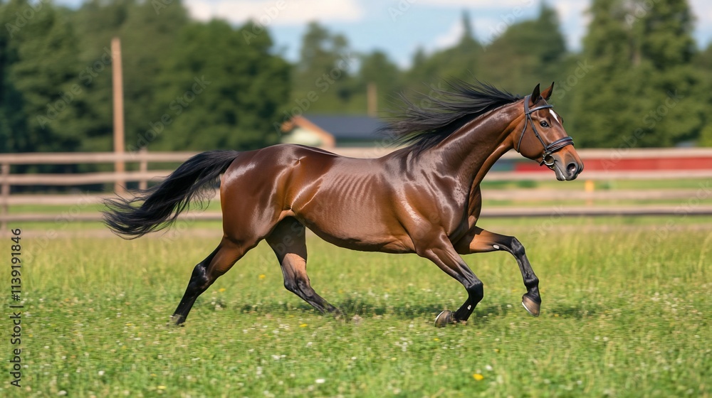 A horse running gracefully in a lush green field. A horse running gracefully in a lush green field.