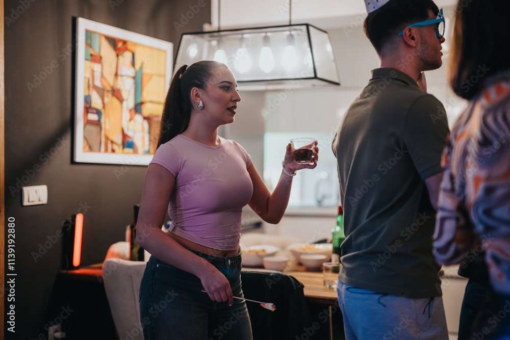 Obraz premium Friends enjoying a birthday celebration at home with drinks and laughter