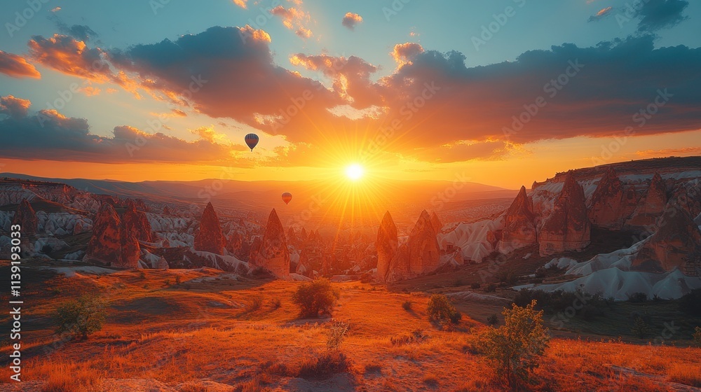 Fototapeta premium A stunning sunset over a unique landscape with hot air balloons drifting in the sky.