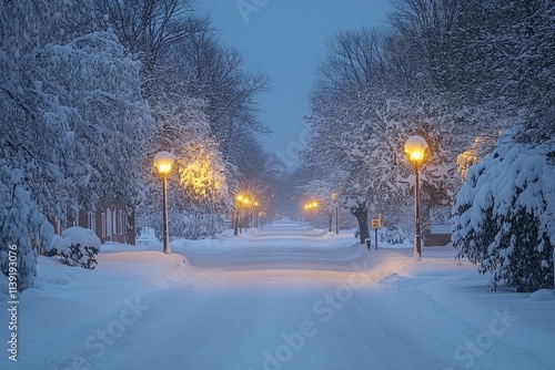 Tree-lined street in Amherst, Massachusetts, illuminated by yellow lamp posts at night, with snow-covered ground and a clear blue sky. photo