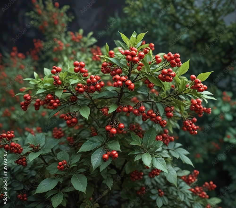 Low-growing shrub with vibrant bright red berries and small green leaves, dense foliage, green foliage, forest floor Low-growing shrub with vibrant bright red berries and small green leaves, dense foliage, green foliage, forest floor