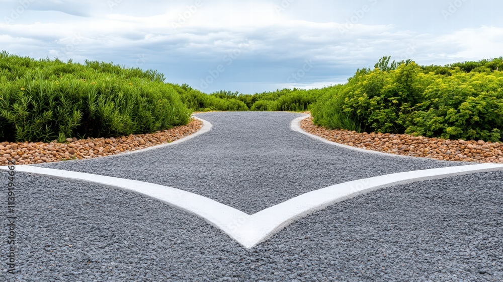 Fototapeta premium Pathway Split with Greenery and Gravel Under a Cloudy Sky