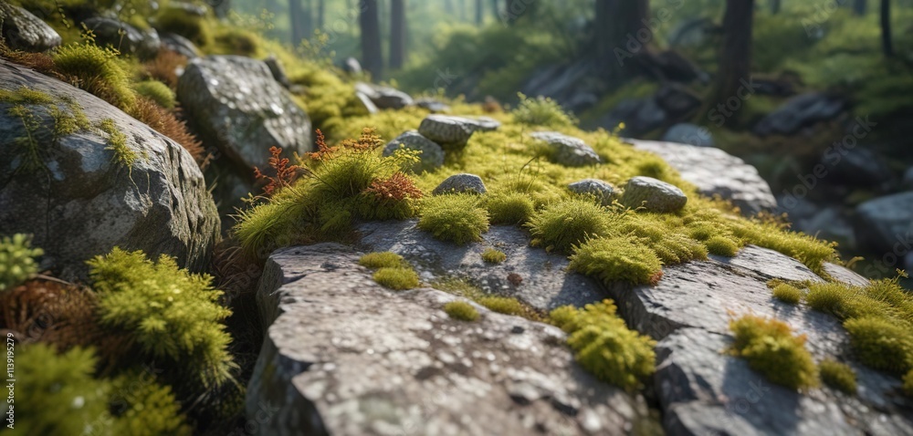 Moss and lichen covered granite slab in the woods, woodlands, slab, outdoor Moss and lichen covered granite slab in the woods, woodlands, slab, outdoor