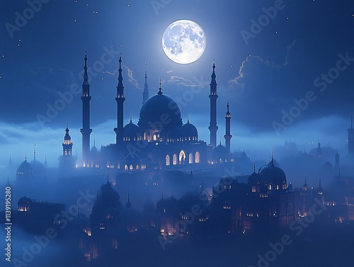 Night scene of a majestic mosque in a mystical city under a full moon. photo