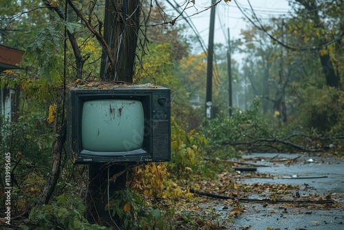 Television fallen on an ungrounded electric pole after high winds from Hurricane Dorian destroyed trees in Orange Park, NY, on September 26. photo