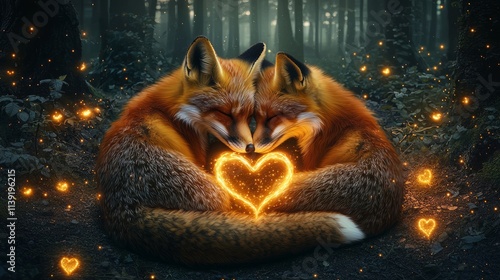 A pair of foxes curled up together, surrounded by a magical forest glowing softly with golden light photo