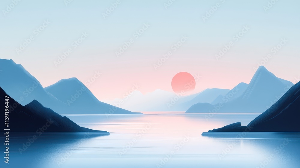 Serene Mountain Landscape with Tranquil Lake at Sunset Scene Serene Mountain Landscape with Tranquil Lake at Sunset Scene