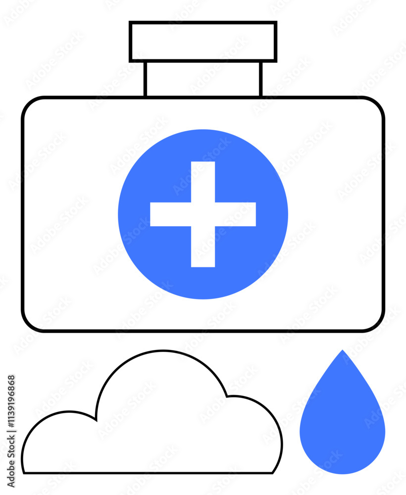 Obraz premium First aid kit with a cross, cloud, and raindrop. Ideal for healthcare, emergency preparedness, mental health, weather alert, environment safety medical services health awareness. Line metaphor