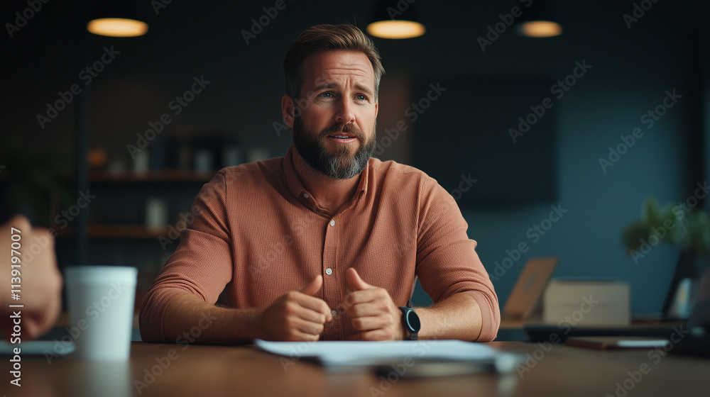 man in casual shirt engages in discussion at modern office table, conveying confidence and focus. setting is well lit with professional ambiance. man in casual shirt engages in discussion at modern office table, conveying confidence and focus. setting is well lit with professional ambiance.