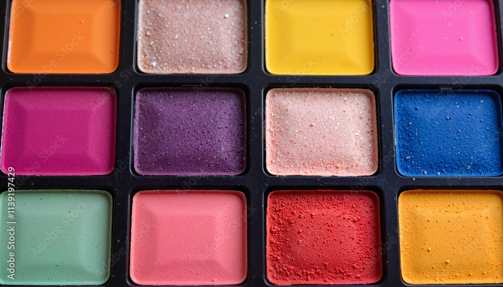Close-up of a colorful eyeshadow palette with various vibrant shades Close-up of a colorful eyeshadow palette with various vibrant shades