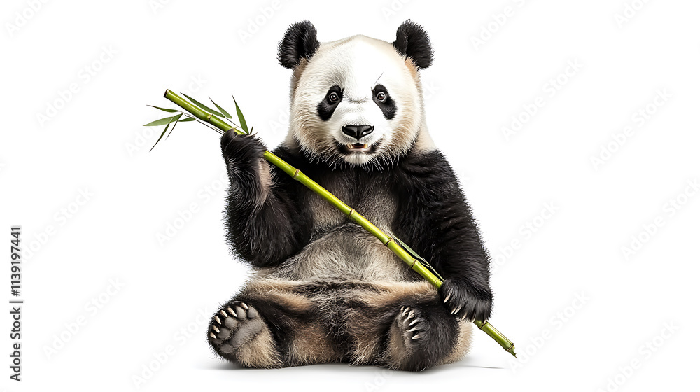 Obraz premium Cute panda holding bamboo, showcasing its playful nature and charm
