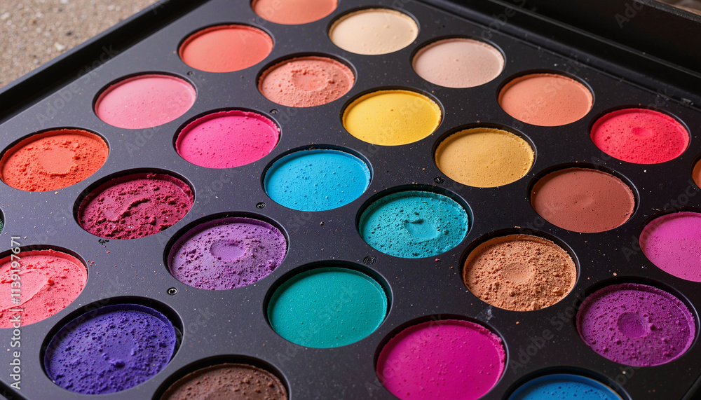 Vibrant eyeshadow palette with a variety of colorful shades displayed