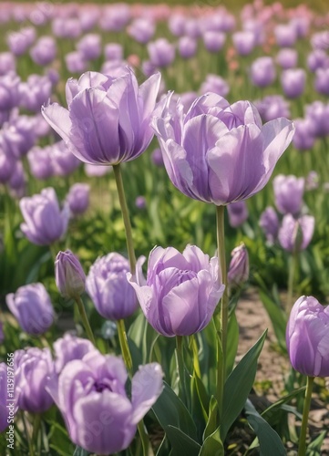 Pastel lilac double tulips swaying gently in a warm sunny field, nature scene, lilac flowers, blooming flowers