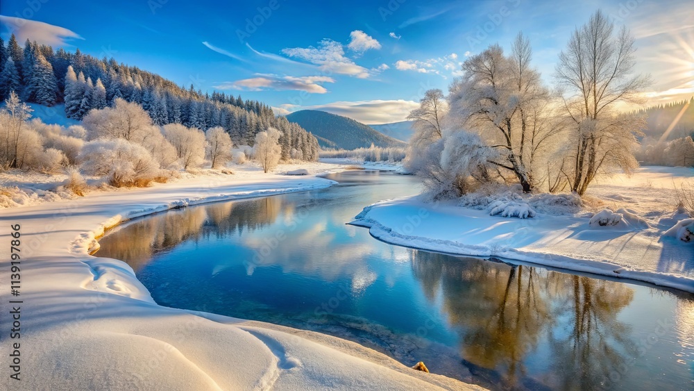Serene Winter River Scene Frost-Covered Trees Mirror in Calm Water Under a Bright Sky Serene Winter River Scene Frost-Covered Trees Mirror in Calm Water Under a Bright Sky