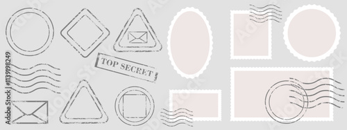 Empty blank postal stamp collection. Diverse blanks of postmarks with wavy postage stamps. Grunge textured stamps and seals. Vector design elements