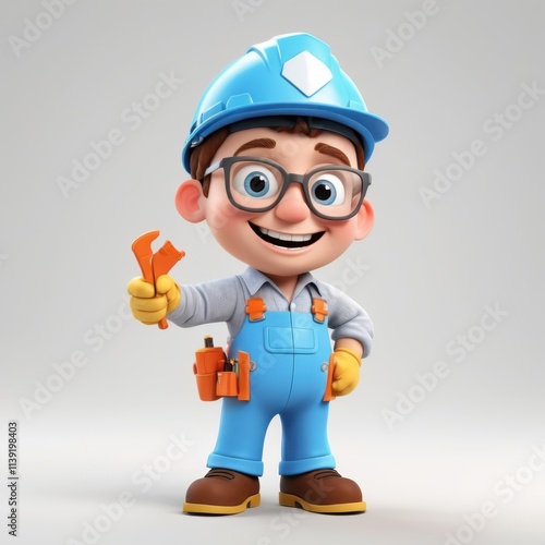 Cartoon character of a handyman with a wrench and tool belt, wearing a blue helmet and overalls. Great for construction, repair, and DIY-themed projects. Isolated on a white background.