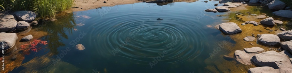 Ripples on a still pond after a stone has been thrown into it, optical effects, ripples on water, calm surface Ripples on a still pond after a stone has been thrown into it, optical effects, ripples on water, calm surface