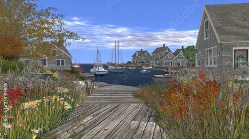 A peaceful coastal town with charming cottages, a wooden boardwalk, and fishing boats anchored at the harbor. The scenic setting emphasizes travel, seaside charm, and relaxed living.  photo