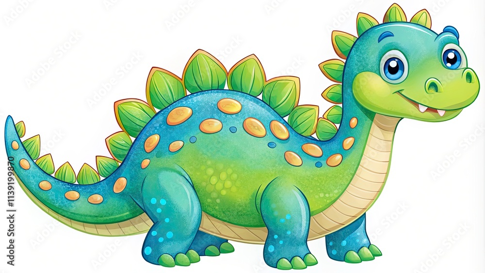 Cute Cartoon Dinosaur Illustration in Green and Blue for Children's Books and Nursery Decor, Isolated on White or Transparent Background Cute Cartoon Dinosaur Illustration in Green and Blue for Children's Books and Nursery Decor, Isolated on White or Transparent Background