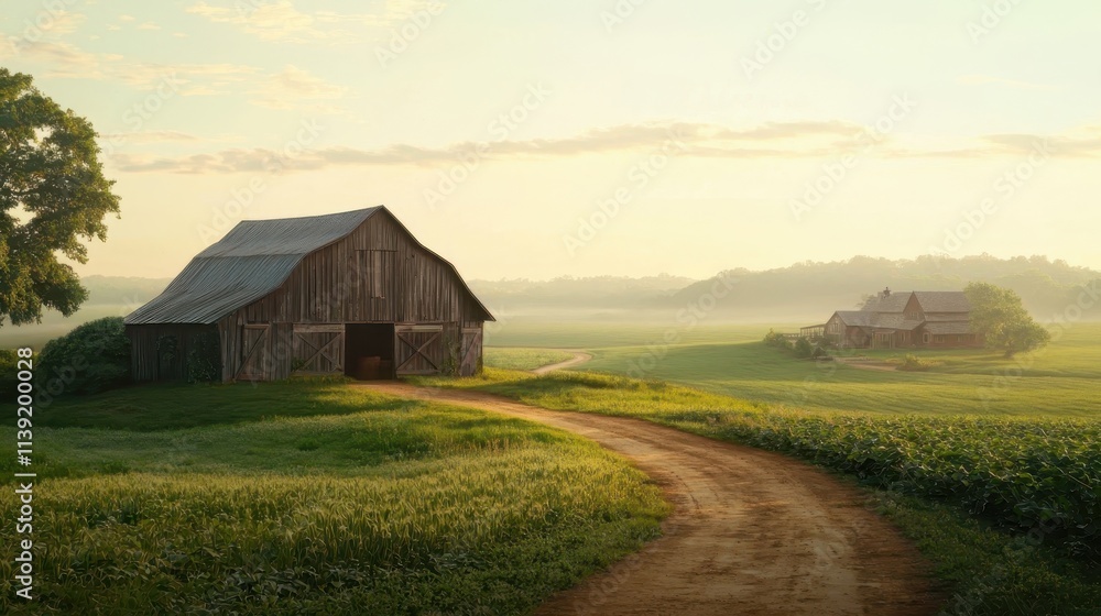 A peaceful countryside landscape featuring an old wooden barn, sprawling green fields, and a winding dirt path leading to a cozy farmhouse under a vast, clear sky. The idyllic rural setting A peaceful countryside landscape featuring an old wooden barn, sprawling green fields, and a winding dirt path leading to a cozy farmhouse under a vast, clear sky. The idyllic rural setting