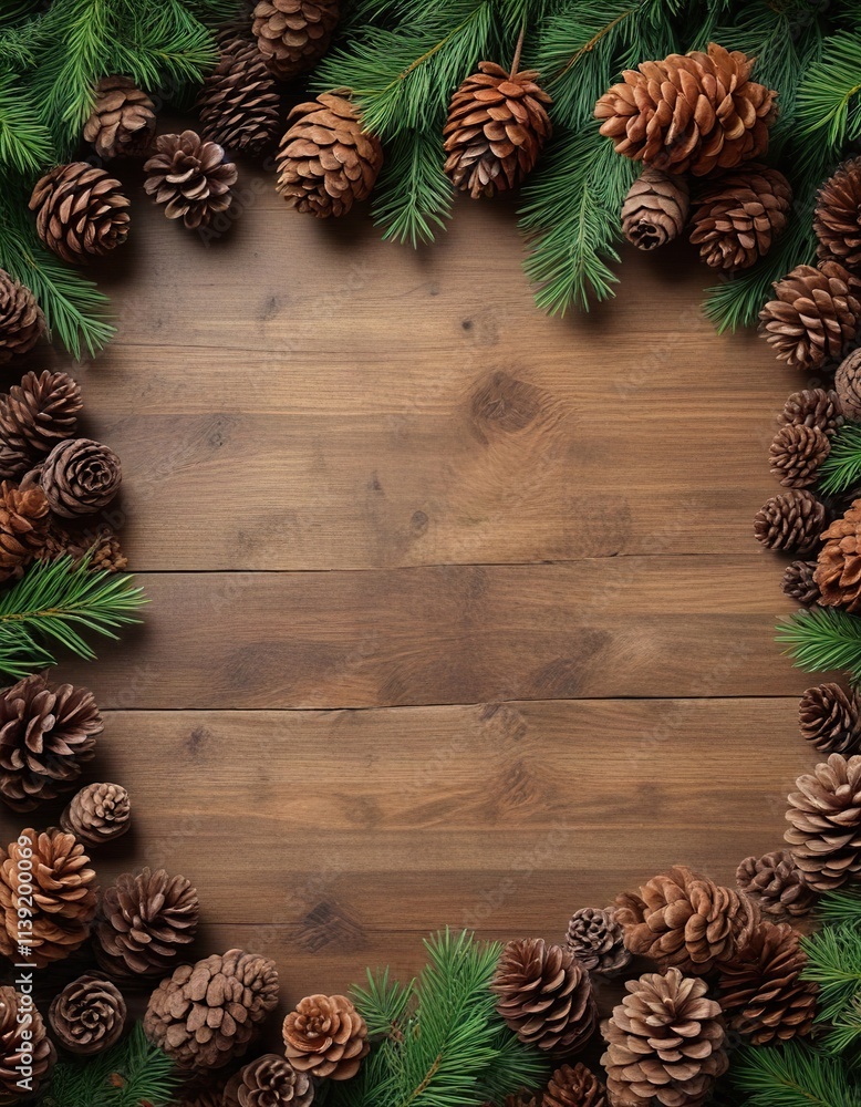 Rustic Wooden Background with Pine Cones and Evergreen Branches, natural elements, forest theme Rustic Wooden Background with Pine Cones and Evergreen Branches, natural elements, forest theme