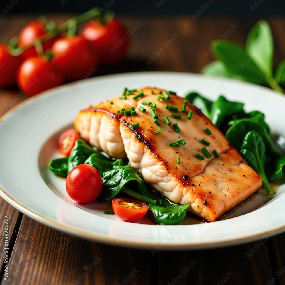 Salmon steak placed on a plate with saut?ed spinach and cherry tomatoes, table, steak, Salmon steak placed on a plate with saut?ed spinach and cherry tomatoes, table, steak,