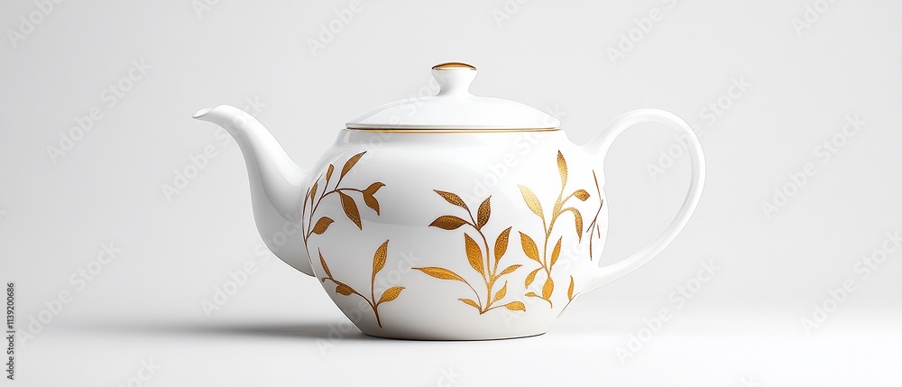 Elegant white teapot with golden leaf design. Elegant white teapot with golden leaf design.