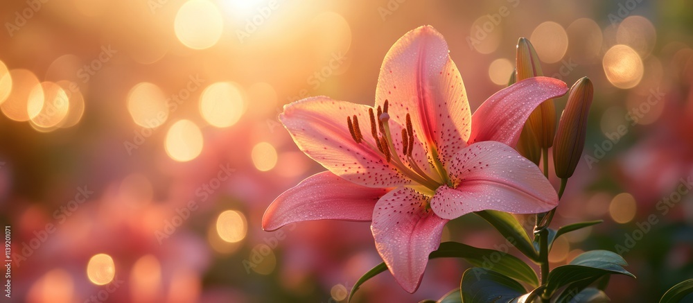 Pink lily flower blooming in a field of lilies during sunset with a soft focus background. Pink lily flower blooming in a field of lilies during sunset with a soft focus background.